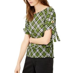 Michael Kors Green Plaid Jewel Neck Short Sleeve Blouse Size Small.
